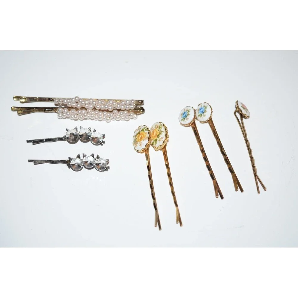 Vtg lot Floral Flower Ceramic Bobby Pin Hair Pins beads rhinestones cats 9pc